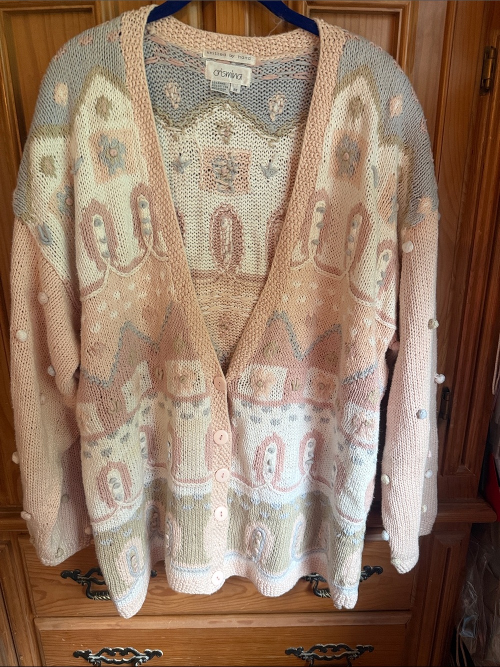 Vintage Pastel Patterned oversized Button-Front Women's Sweater - Pink/Cream